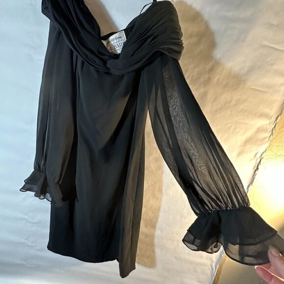 Saks Fifth Avenue AJ Bari Dress Chiffon Size 10 Sheer Ruched Cold Shoulder Black - Picture 7 of 9